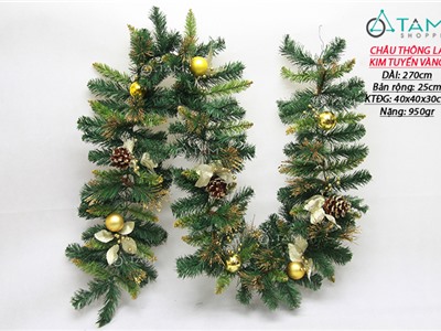 Dây lá thông bản lớn 3LL kim tuyến vàng có trang trí lá châu thông X-DLTL-06